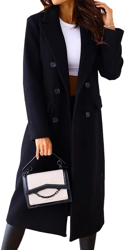 Women's Wool Trench Coat Long Woolen Peacoat Ladies Lapel Double Breasted Wool Maxi Coats