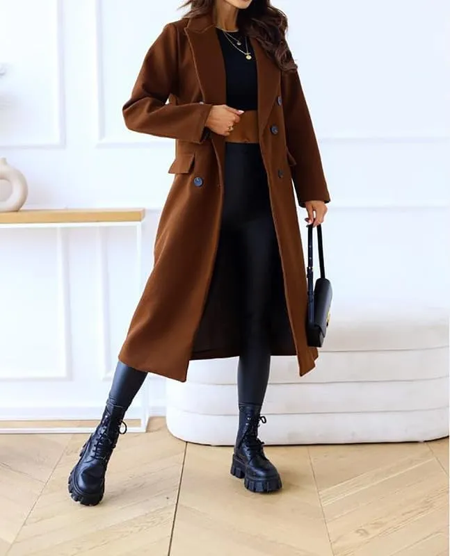 Women's Wool Trench Coat Long Woolen Peacoat Ladies Lapel Double Breasted Wool Maxi Coats