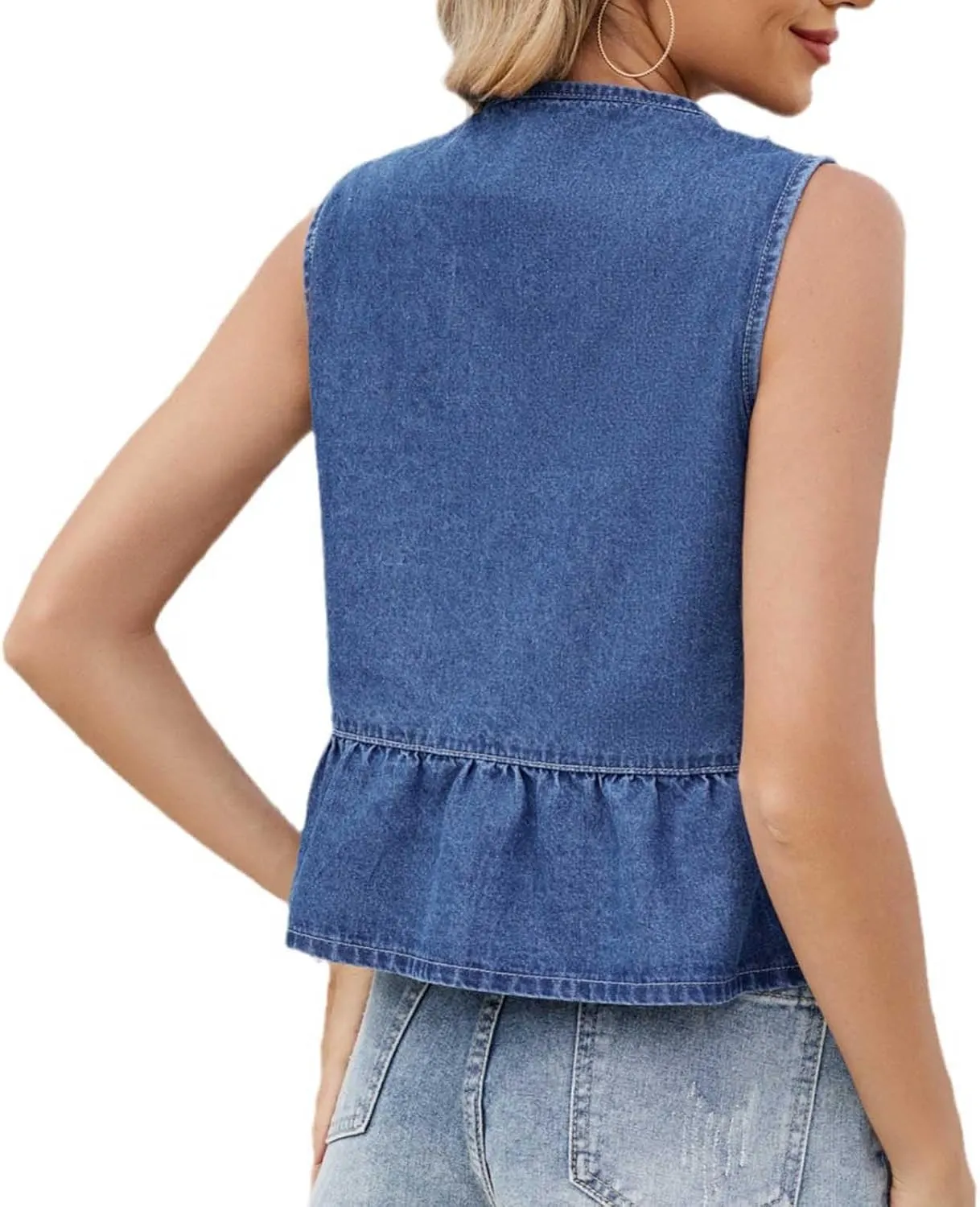Women's Y2k Tie Front Denim Vest V Neck Ruffle Hem Sleeveless Peplum Jean Top Shirt Crop Denim Vest Jackets