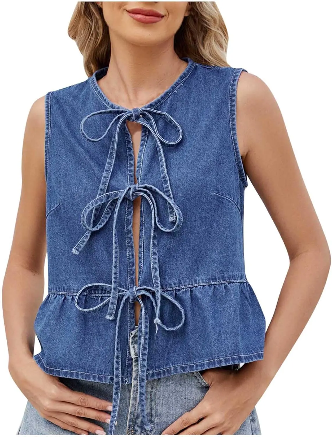 Women's Y2k Tie Front Denim Vest V Neck Ruffle Hem Sleeveless Peplum Jean Top Shirt Crop Denim Vest Jackets