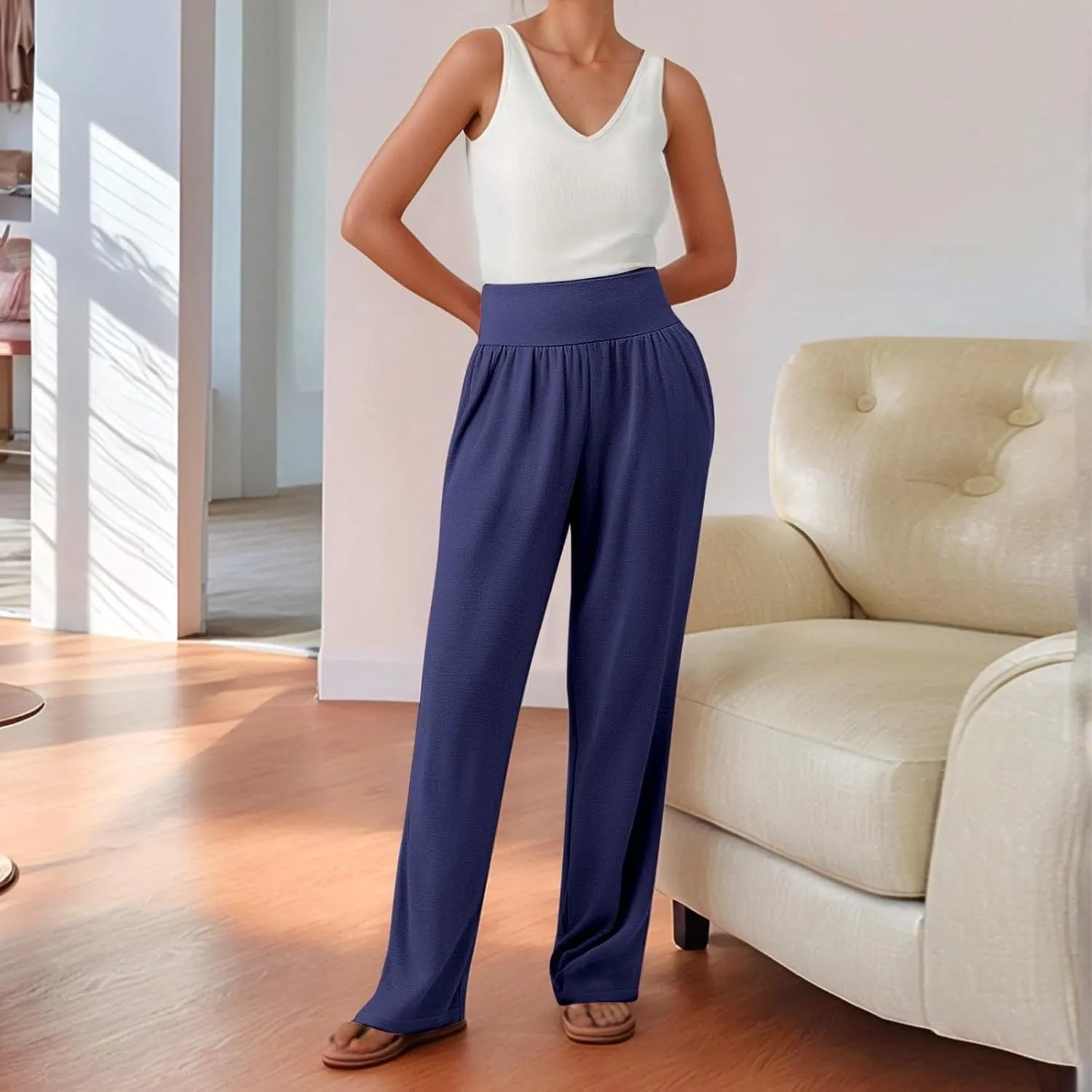 Women's Yoga Jogging Long Pants Casual Wide Straight Leg Loose Fit Bottoms High Waisted Elastic Athletic Workout Trousers