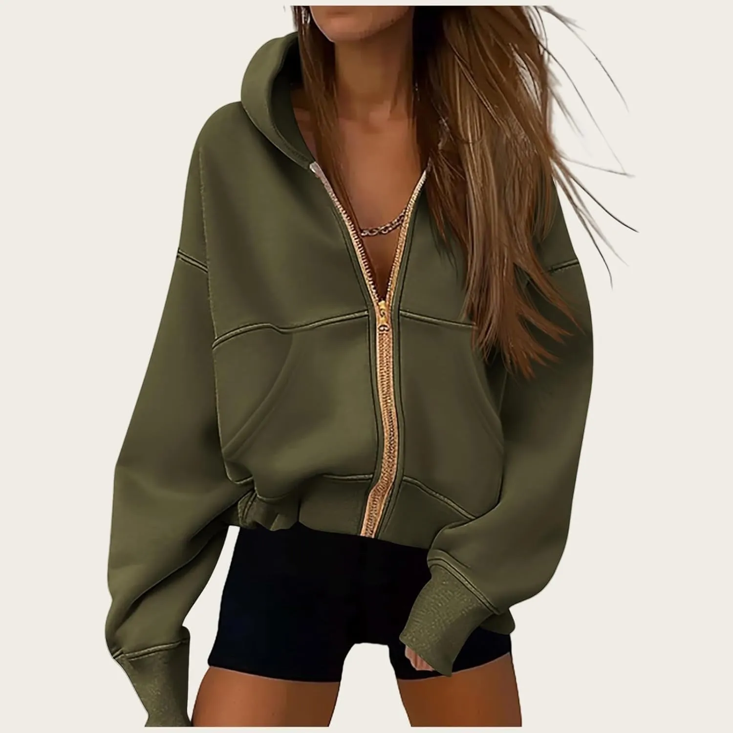 Womens Zip Up Hoodies Cropped Long Sleeve Zip Up Sweatshirt Loose Fit Comfy Coat Casual Trendy Jacket with Pocket