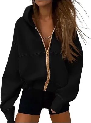 Womens Zip Up Hoodies Cropped Long Sleeve Zip Up Sweatshirt Loose Fit Comfy Coat Casual Trendy Jacket with Pocket