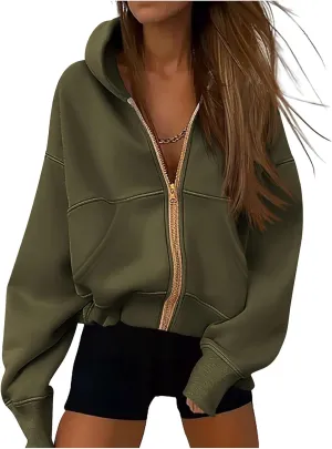 Womens Zip Up Hoodies Cropped Long Sleeve Zip Up Sweatshirt Loose Fit Comfy Coat Casual Trendy Jacket with Pocket