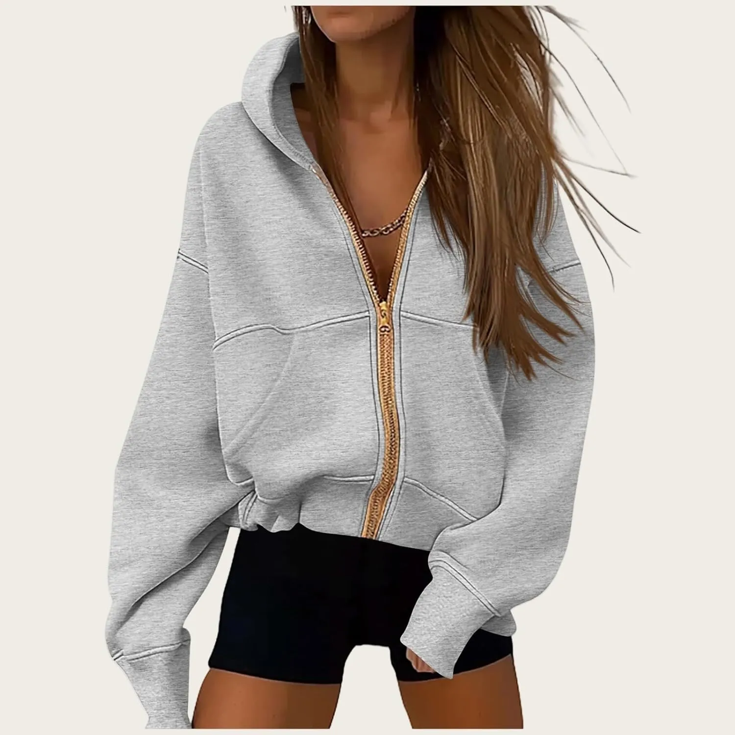 Womens Zip Up Hoodies Cropped Long Sleeve Zip Up Sweatshirt Loose Fit Comfy Coat Casual Trendy Jacket with Pocket