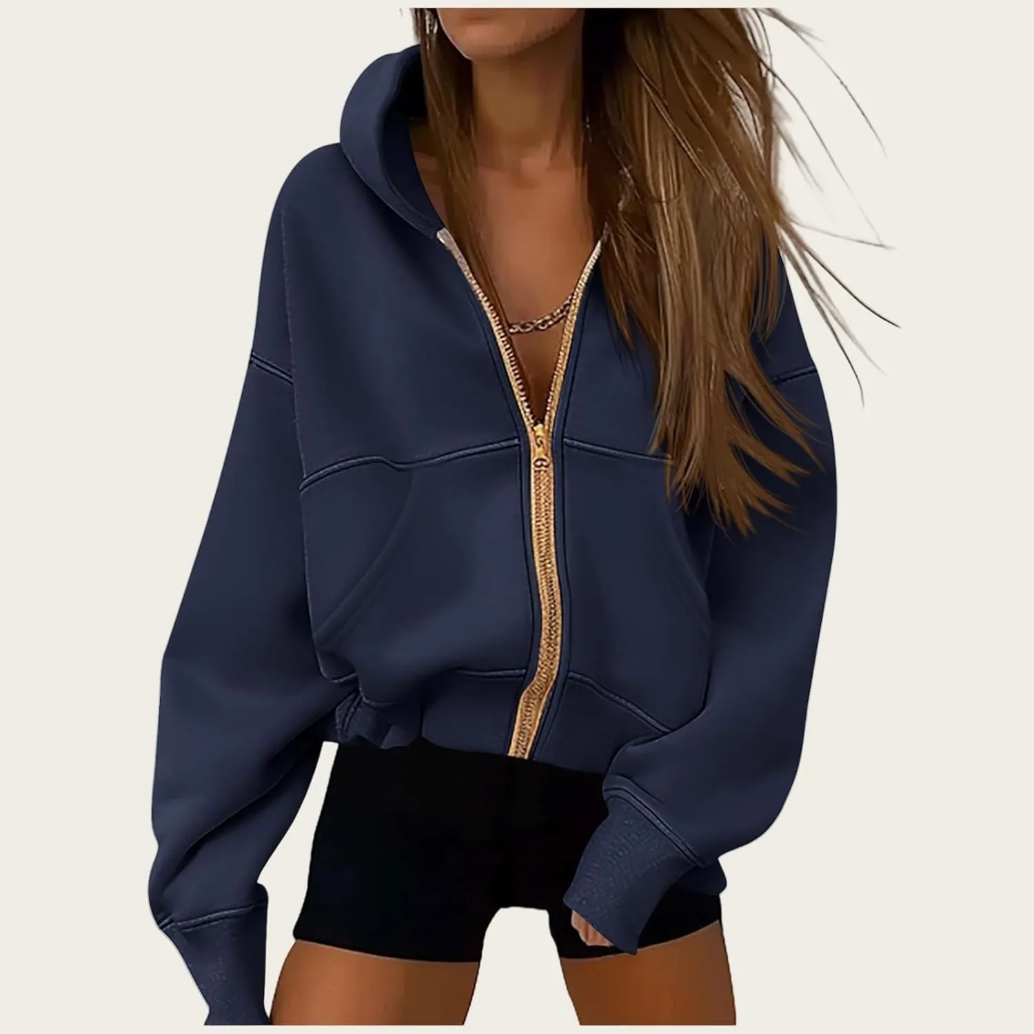 Womens Zip Up Hoodies Cropped Long Sleeve Zip Up Sweatshirt Loose Fit Comfy Coat Casual Trendy Jacket with Pocket
