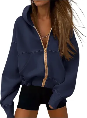 Womens Zip Up Hoodies Cropped Long Sleeve Zip Up Sweatshirt Loose Fit Comfy Coat Casual Trendy Jacket with Pocket