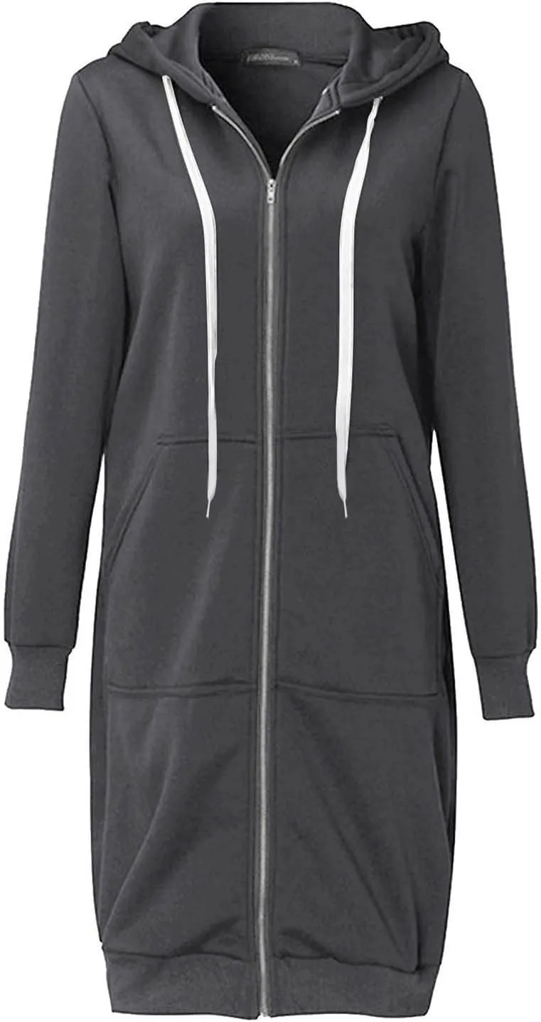 Womens Zip Up Hoodies Long Casual Drawstring Fleece Sweatshirt Lightweight Oversized Jackets Coat Fall Clothes