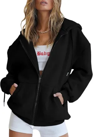 Womens Zip Up Hoodies Long Sleeve Fall Fashion Oversized Sweatshirts Fleece Y2k Jackets with Pockets