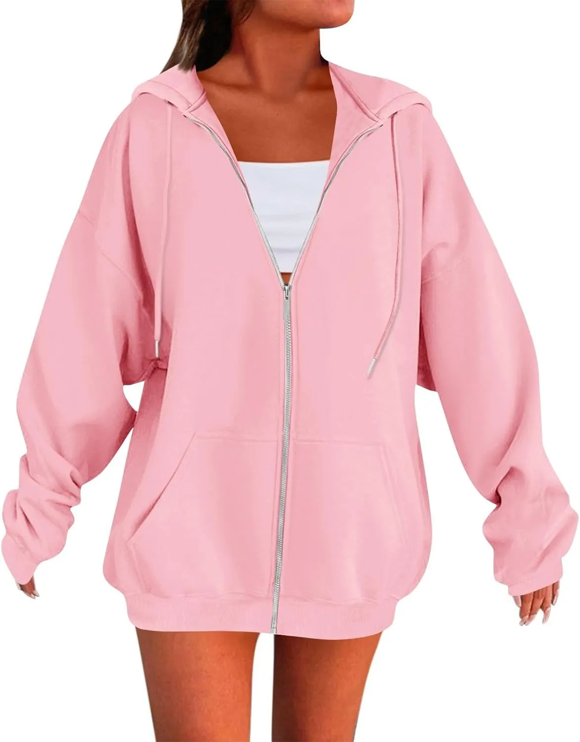Womens Zip Up Jacket Oversized Full Zip Up Pullover with Hooded Casual Ribbed Cuffs Sweatshirts with Pockets