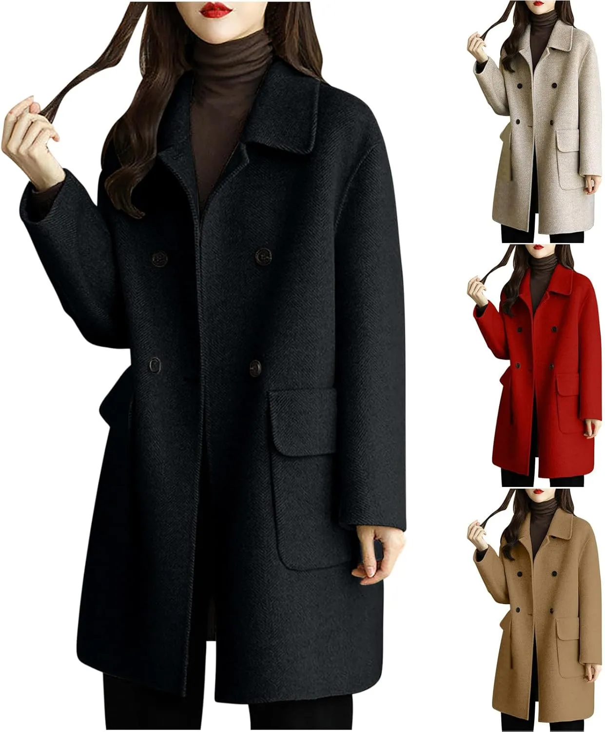 Wool Coats for Women Winter Warm Wool Blend Pea Coat Single Breasted Lapel Collared Trench Coat Overcoat with Pockets