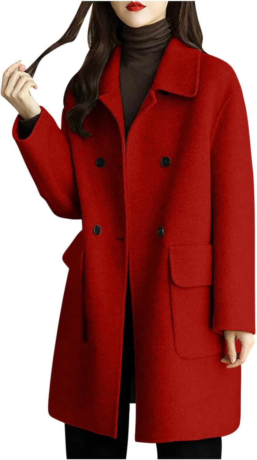 Wool Coats for Women Winter Warm Wool Blend Pea Coat Single Breasted Lapel Collared Trench Coat Overcoat with Pockets