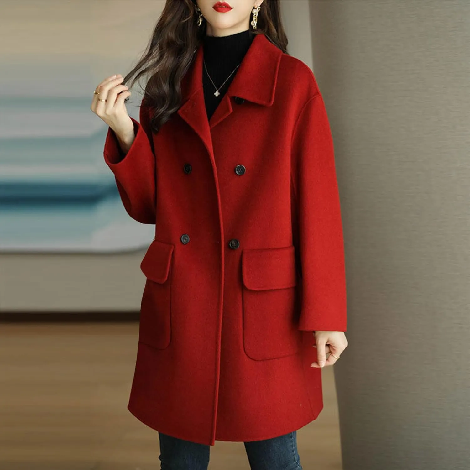 Wool Coats for Women Winter Warm Wool Blend Pea Coat Single Breasted Lapel Collared Trench Coat Overcoat with Pockets