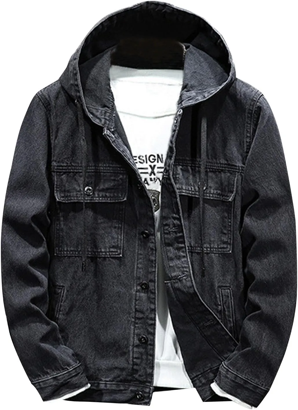Xiaojmake Men's Distressed Denim Jacket Hooded Button Down Jean Coat Casual Fashion Long Sleeve Trucker Jackets Outwear