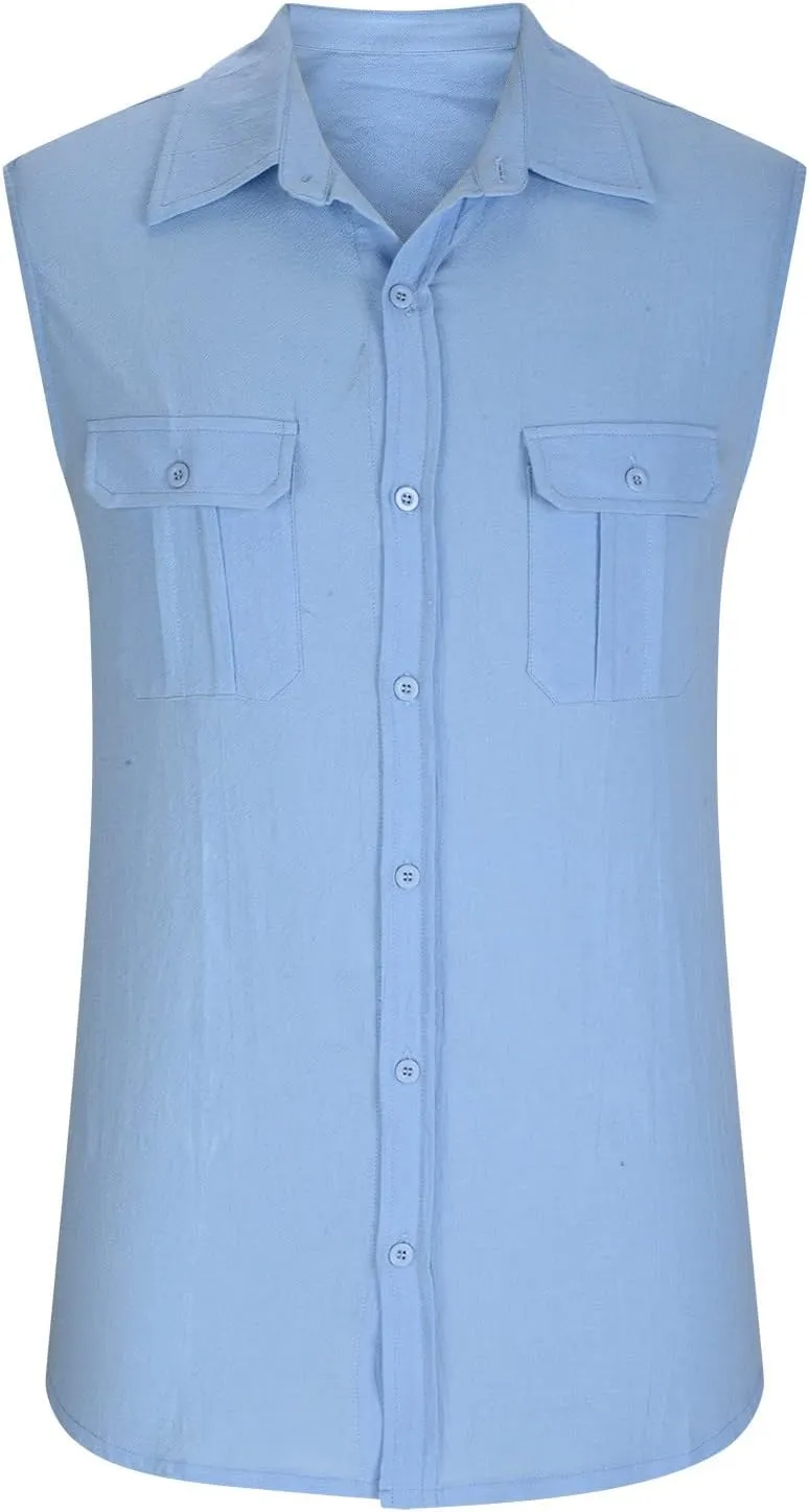 Xiaojmake Mens Summer Tank Tops Sleeveless Button Down Dress Shirts Collared Basic Cotton Linen T-Shirts Vest with Pockets