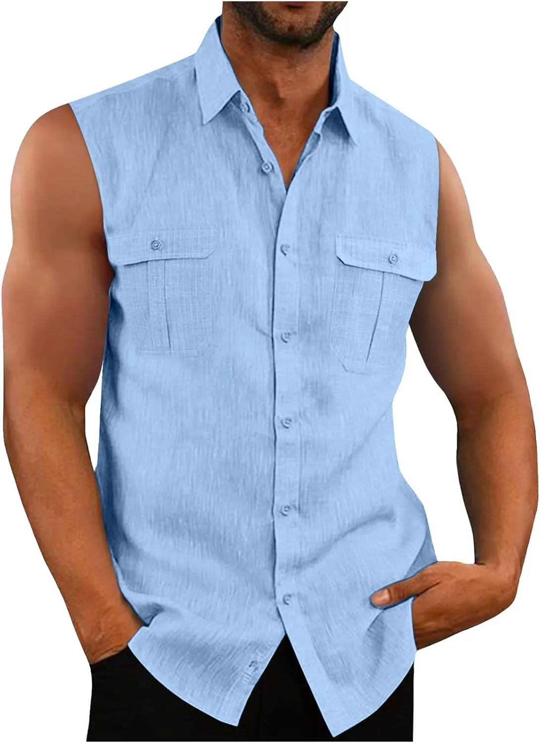Xiaojmake Mens Summer Tank Tops Sleeveless Button Down Dress Shirts Collared Basic Cotton Linen T-Shirts Vest with Pockets