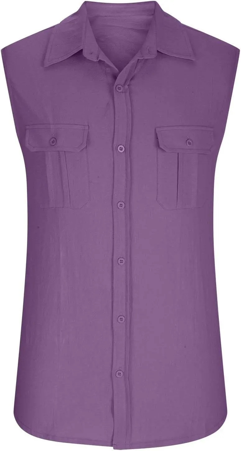 Xiaojmake Mens Summer Tank Tops Sleeveless Button Down Dress Shirts Collared Basic Cotton Linen T-Shirts Vest with Pockets