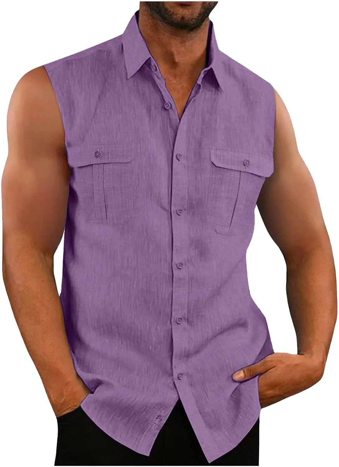 Xiaojmake Mens Summer Tank Tops Sleeveless Button Down Dress Shirts Collared Basic Cotton Linen T-Shirts Vest with Pockets