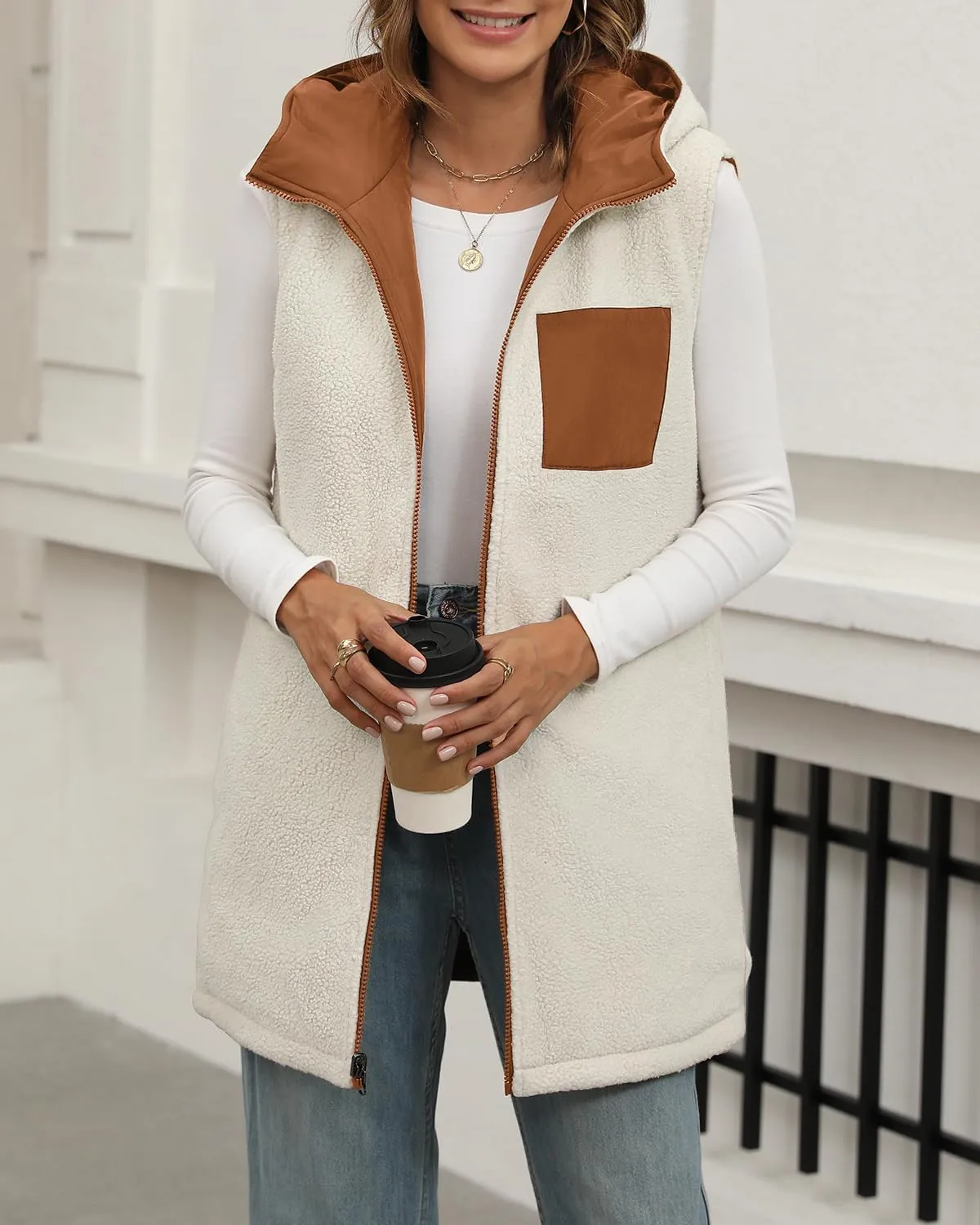 XIEERDUO Long Puffer Vest Women Outerwear Reversible Fleece 2024 Fall Winter Warm Sleeveless Zip Up Hoodie Coat with Pockets