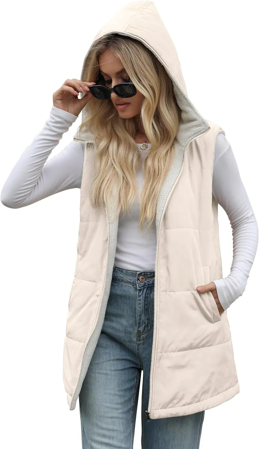 XIEERDUO Long Puffer Vest Women Outerwear Reversible Fleece 2024 Fall Winter Warm Sleeveless Zip Up Hoodie Coat with Pockets