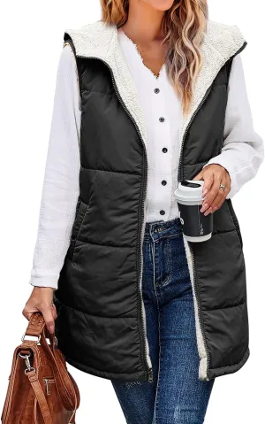 XIEERDUO Long Puffer Vest Women Outerwear Reversible Fleece 2024 Fall Winter Warm Sleeveless Zip Up Hoodie Coat with Pockets