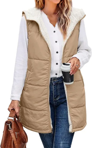XIEERDUO Long Puffer Vest Women Outerwear Reversible Fleece 2024 Fall Winter Warm Sleeveless Zip Up Hoodie Coat with Pockets