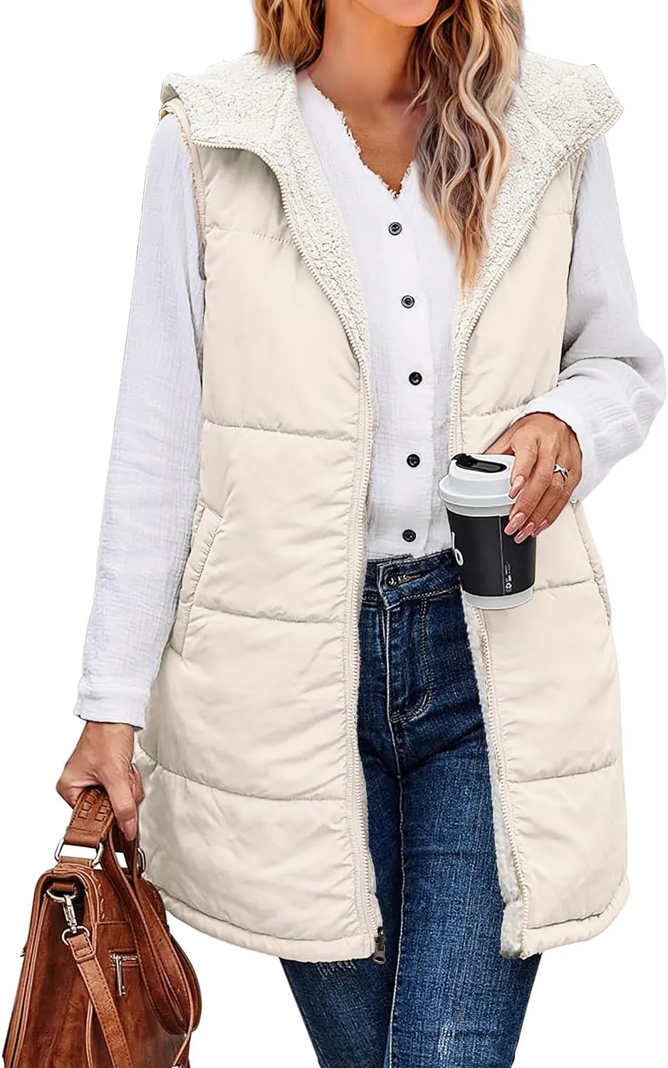 XIEERDUO Long Puffer Vest Women Outerwear Reversible Fleece 2024 Fall Winter Warm Sleeveless Zip Up Hoodie Coat with Pockets