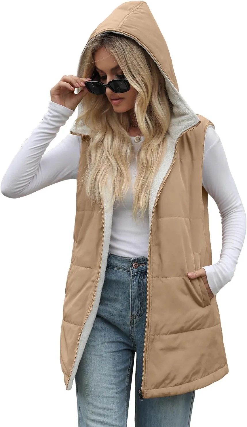 XIEERDUO Long Puffer Vest Women Outerwear Reversible Fleece 2024 Fall Winter Warm Sleeveless Zip Up Hoodie Coat with Pockets