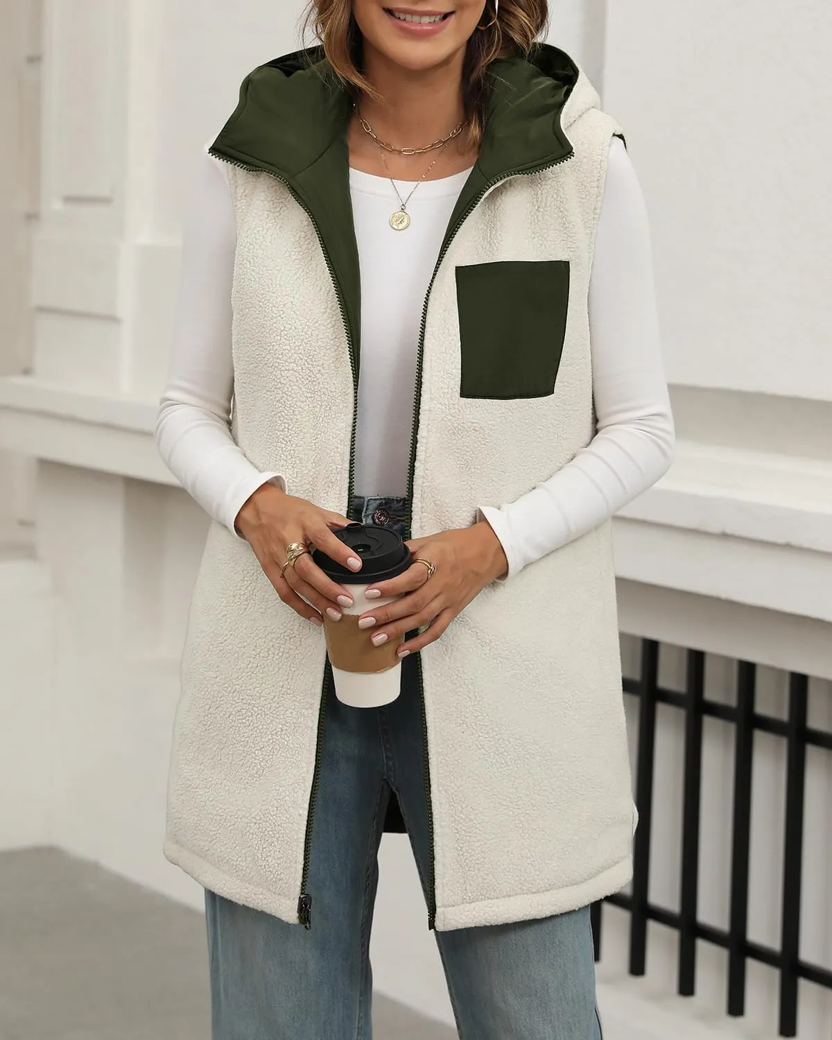 XIEERDUO Long Puffer Vest Women Outerwear Reversible Fleece 2024 Fall Winter Warm Sleeveless Zip Up Hoodie Coat with Pockets