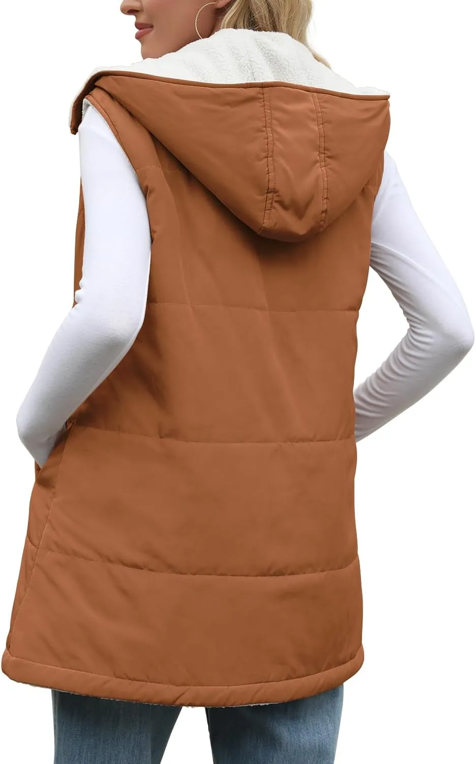 XIEERDUO Long Puffer Vest Women Outerwear Reversible Fleece 2024 Fall Winter Warm Sleeveless Zip Up Hoodie Coat with Pockets