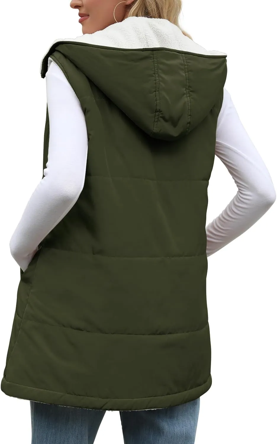 XIEERDUO Long Puffer Vest Women Outerwear Reversible Fleece 2024 Fall Winter Warm Sleeveless Zip Up Hoodie Coat with Pockets