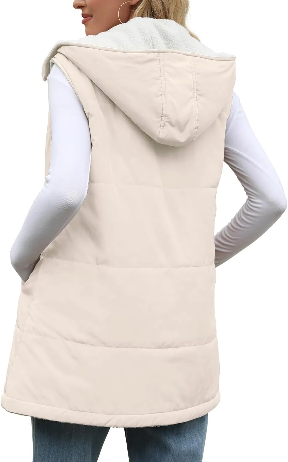 XIEERDUO Long Puffer Vest Women Outerwear Reversible Fleece 2024 Fall Winter Warm Sleeveless Zip Up Hoodie Coat with Pockets
