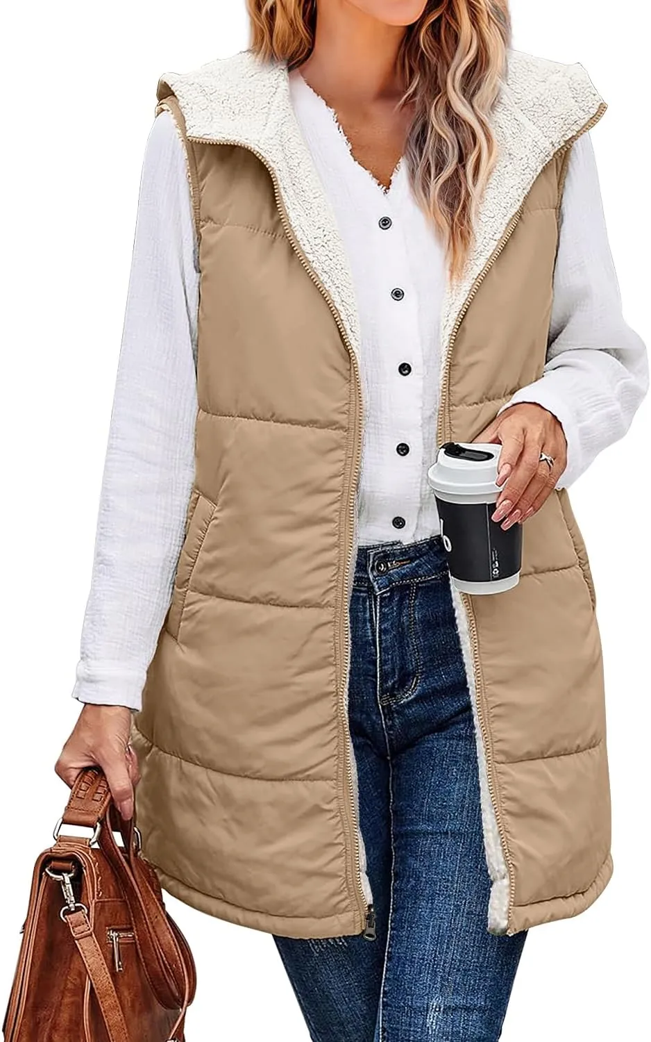 XIEERDUO Long Puffer Vest Women Outerwear Reversible Fleece 2024 Fall Winter Warm Sleeveless Zip Up Hoodie Coat with Pockets