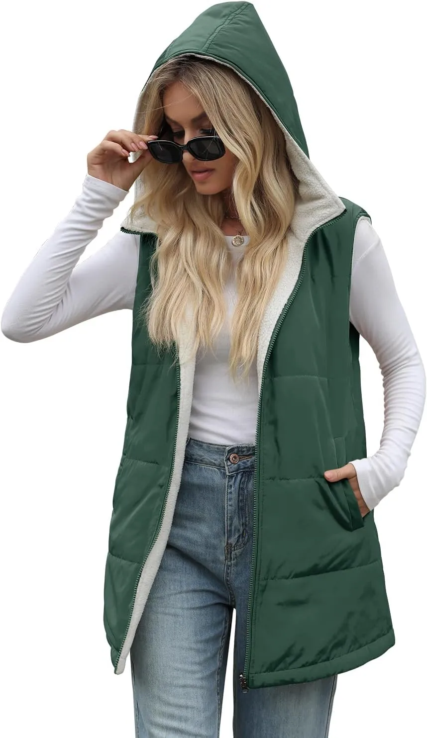 XIEERDUO Long Puffer Vest Women Outerwear Reversible Fleece 2024 Fall Winter Warm Sleeveless Zip Up Hoodie Coat with Pockets