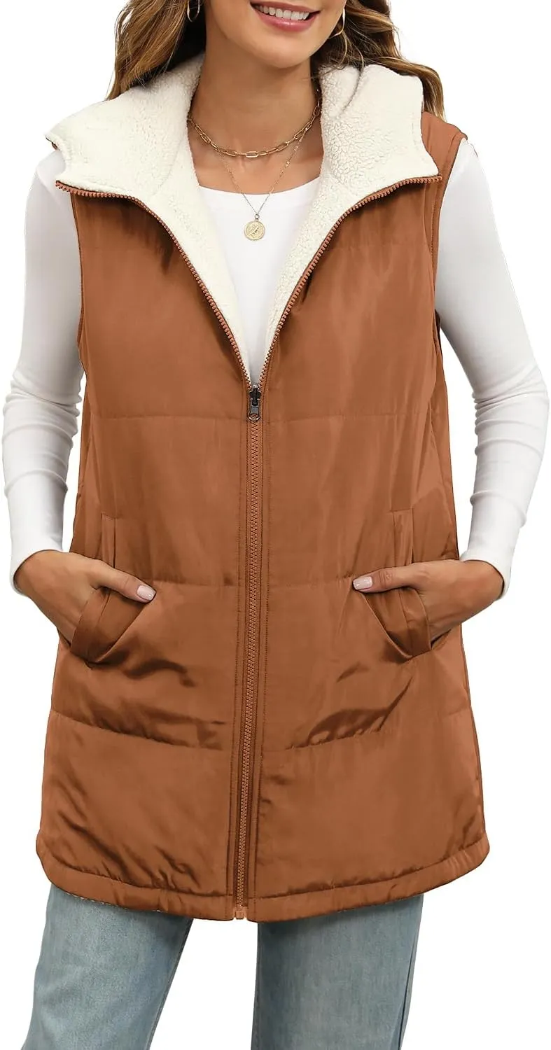 XIEERDUO Long Puffer Vest Women Outerwear Reversible Fleece 2024 Fall Winter Warm Sleeveless Zip Up Hoodie Coat with Pockets