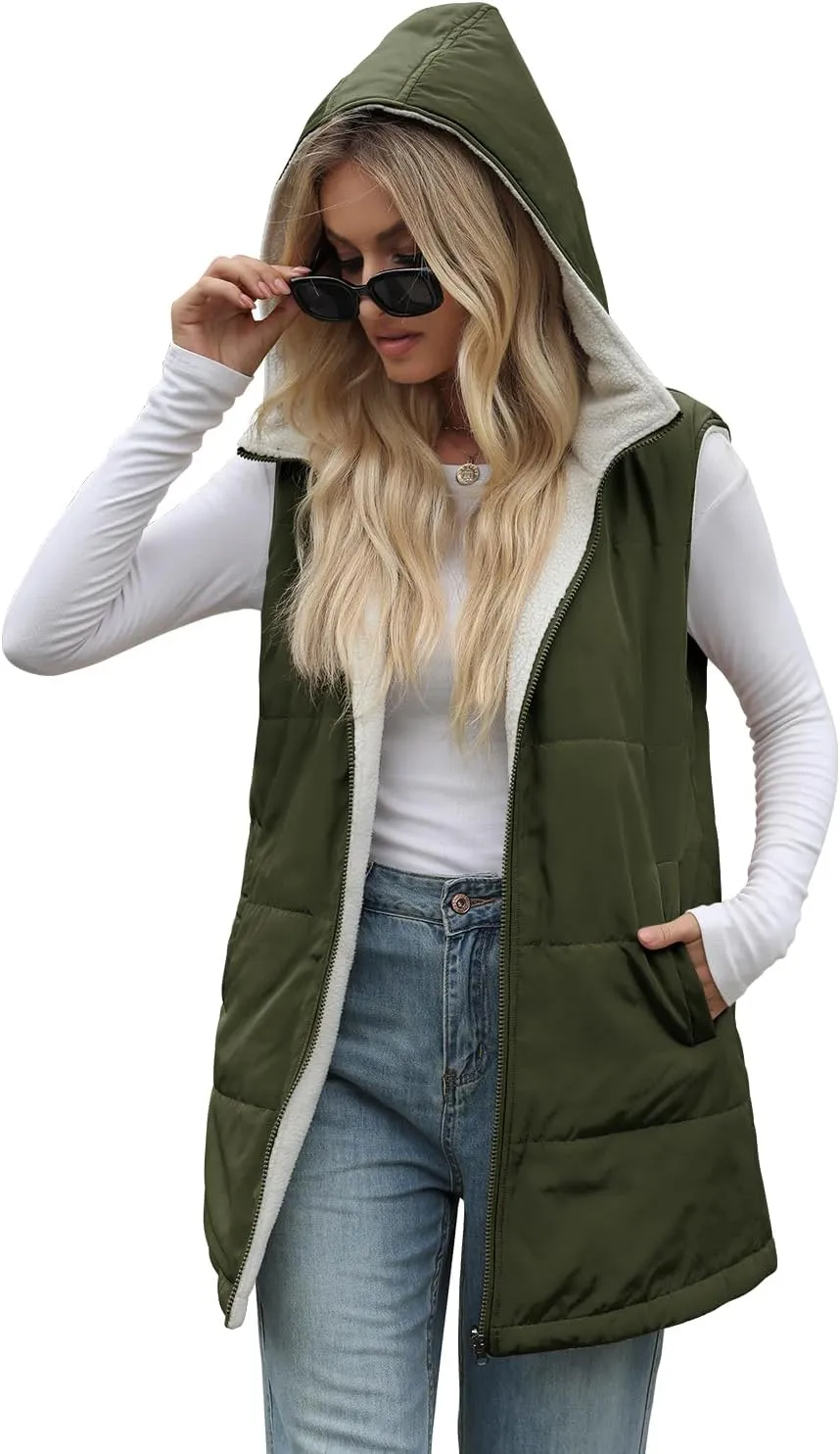 XIEERDUO Long Puffer Vest Women Outerwear Reversible Fleece 2024 Fall Winter Warm Sleeveless Zip Up Hoodie Coat with Pockets