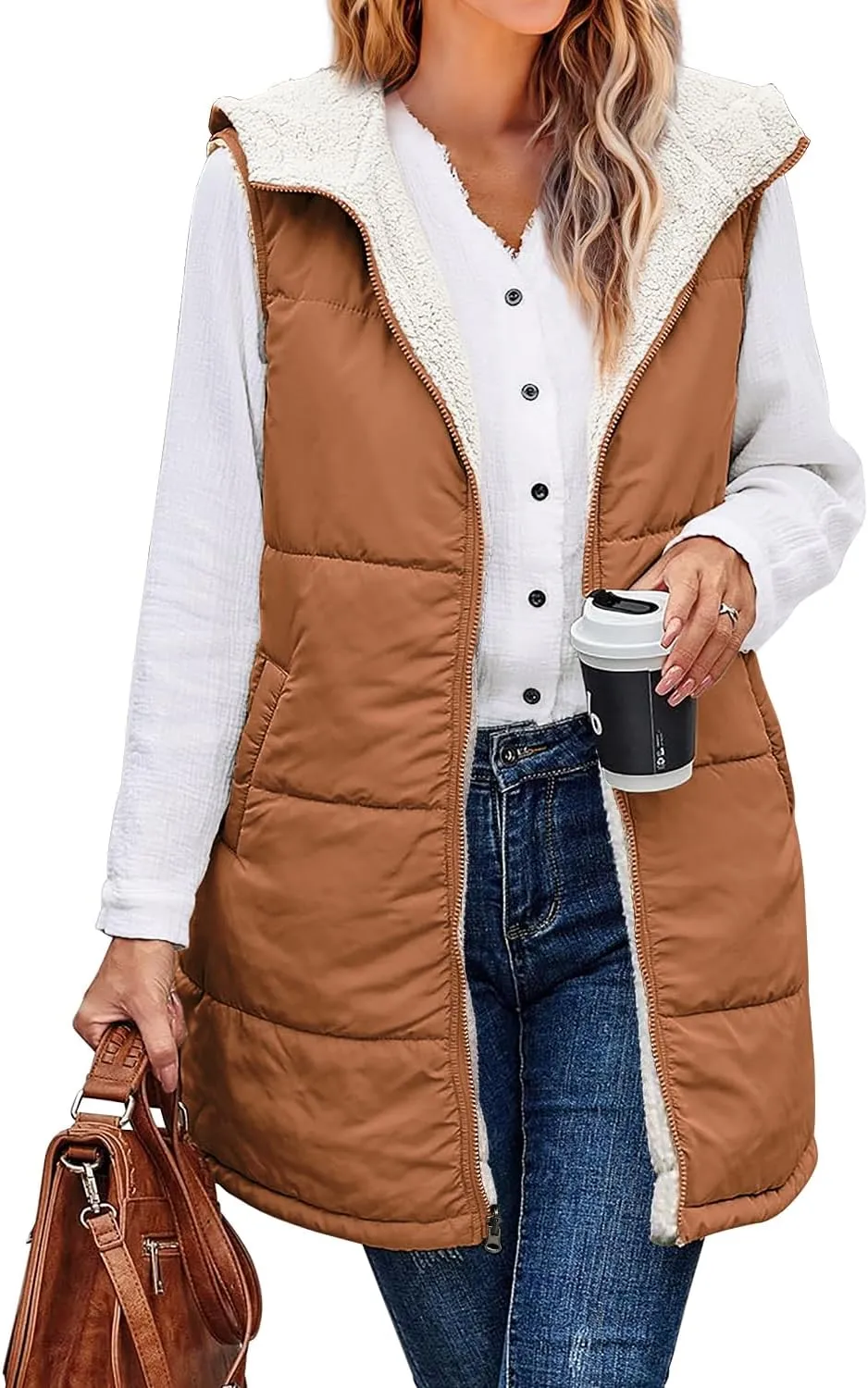 XIEERDUO Long Puffer Vest Women Outerwear Reversible Fleece 2024 Fall Winter Warm Sleeveless Zip Up Hoodie Coat with Pockets