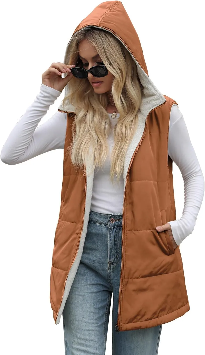 XIEERDUO Long Puffer Vest Women Outerwear Reversible Fleece 2024 Fall Winter Warm Sleeveless Zip Up Hoodie Coat with Pockets