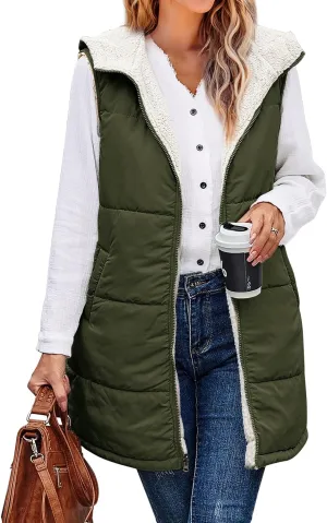 XIEERDUO Long Puffer Vest Women Outerwear Reversible Fleece 2024 Fall Winter Warm Sleeveless Zip Up Hoodie Coat with Pockets