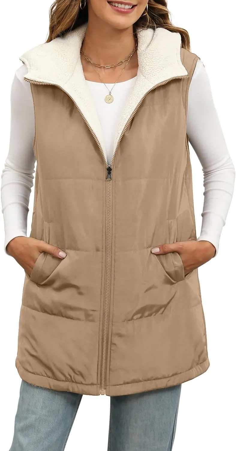 XIEERDUO Long Puffer Vest Women Outerwear Reversible Fleece 2024 Fall Winter Warm Sleeveless Zip Up Hoodie Coat with Pockets