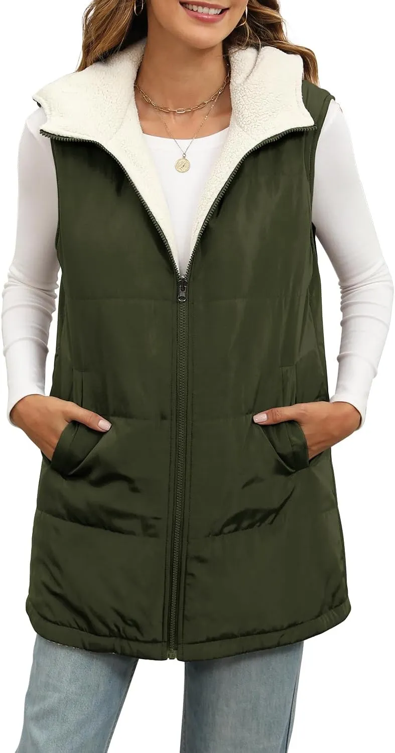 XIEERDUO Long Puffer Vest Women Outerwear Reversible Fleece 2024 Fall Winter Warm Sleeveless Zip Up Hoodie Coat with Pockets