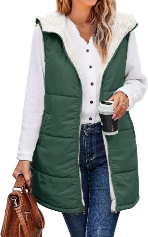 XIEERDUO Long Puffer Vest Women Outerwear Reversible Fleece 2024 Fall Winter Warm Sleeveless Zip Up Hoodie Coat with Pockets