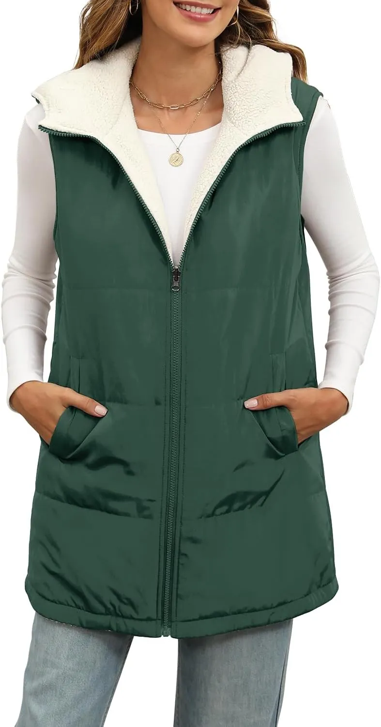 XIEERDUO Long Puffer Vest Women Outerwear Reversible Fleece 2024 Fall Winter Warm Sleeveless Zip Up Hoodie Coat with Pockets