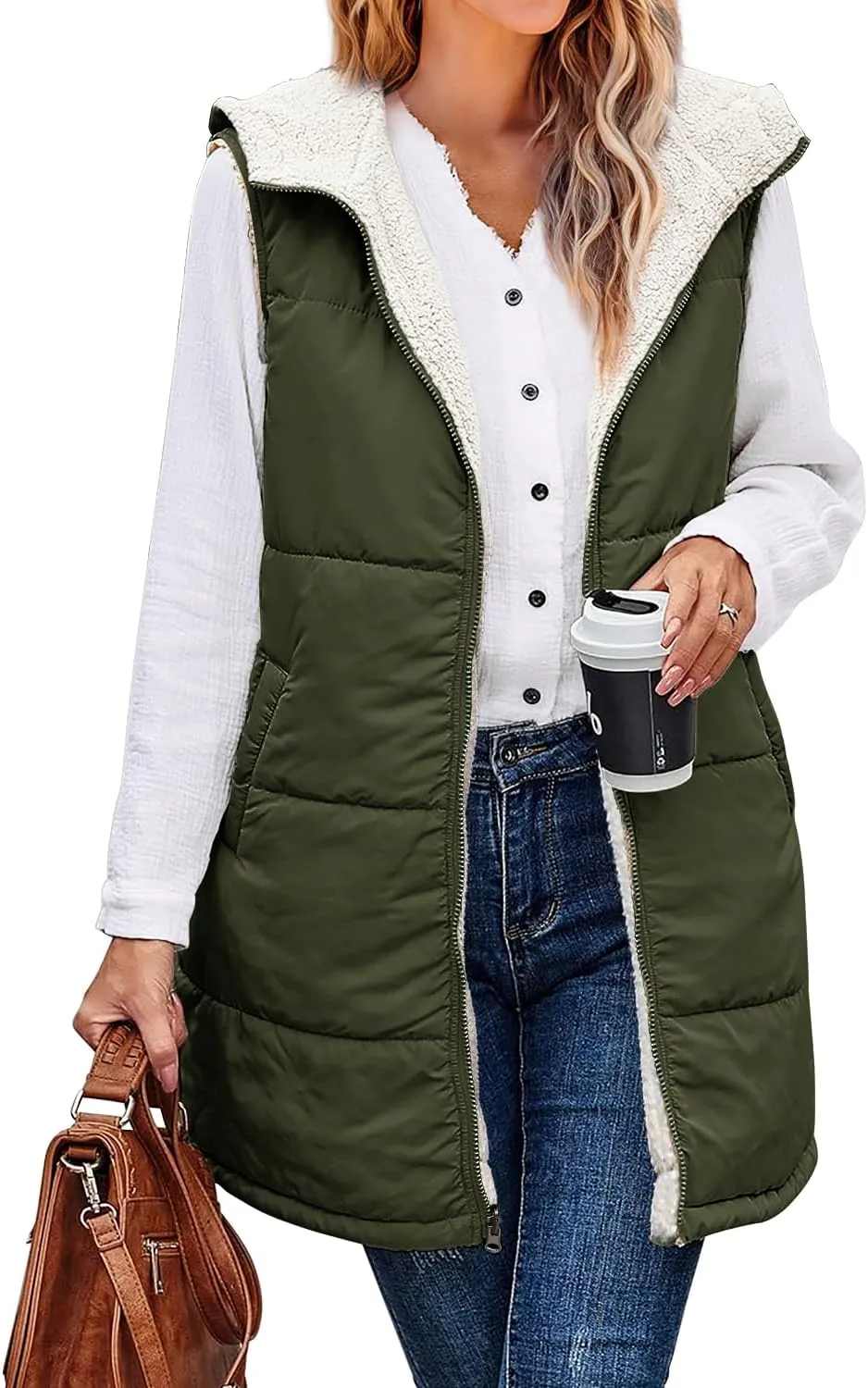 XIEERDUO Long Puffer Vest Women Outerwear Reversible Fleece 2024 Fall Winter Warm Sleeveless Zip Up Hoodie Coat with Pockets