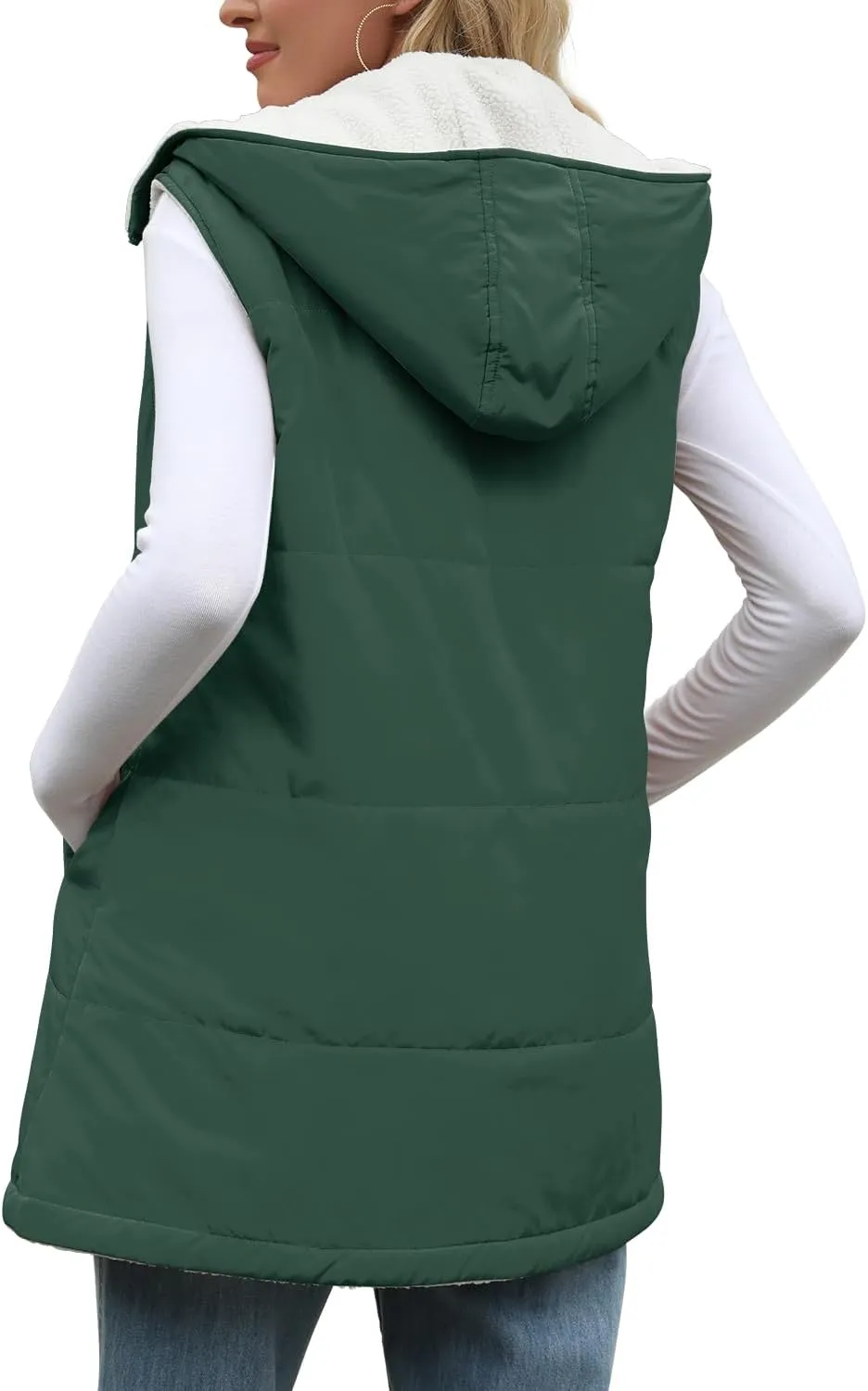 XIEERDUO Long Puffer Vest Women Outerwear Reversible Fleece 2024 Fall Winter Warm Sleeveless Zip Up Hoodie Coat with Pockets