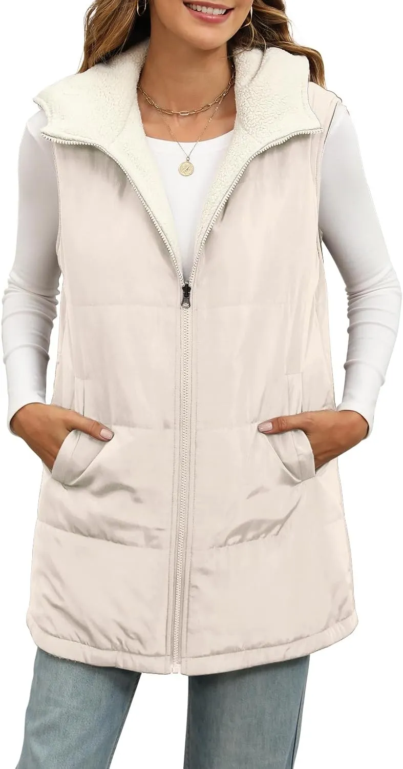 XIEERDUO Long Puffer Vest Women Outerwear Reversible Fleece 2024 Fall Winter Warm Sleeveless Zip Up Hoodie Coat with Pockets