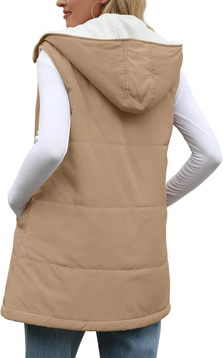 XIEERDUO Long Puffer Vest Women Outerwear Reversible Fleece 2024 Fall Winter Warm Sleeveless Zip Up Hoodie Coat with Pockets