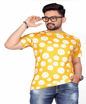 Yellow Emoji Printed Stretch Striped Short Sleeve T Shirt for Men - UD FABRIC