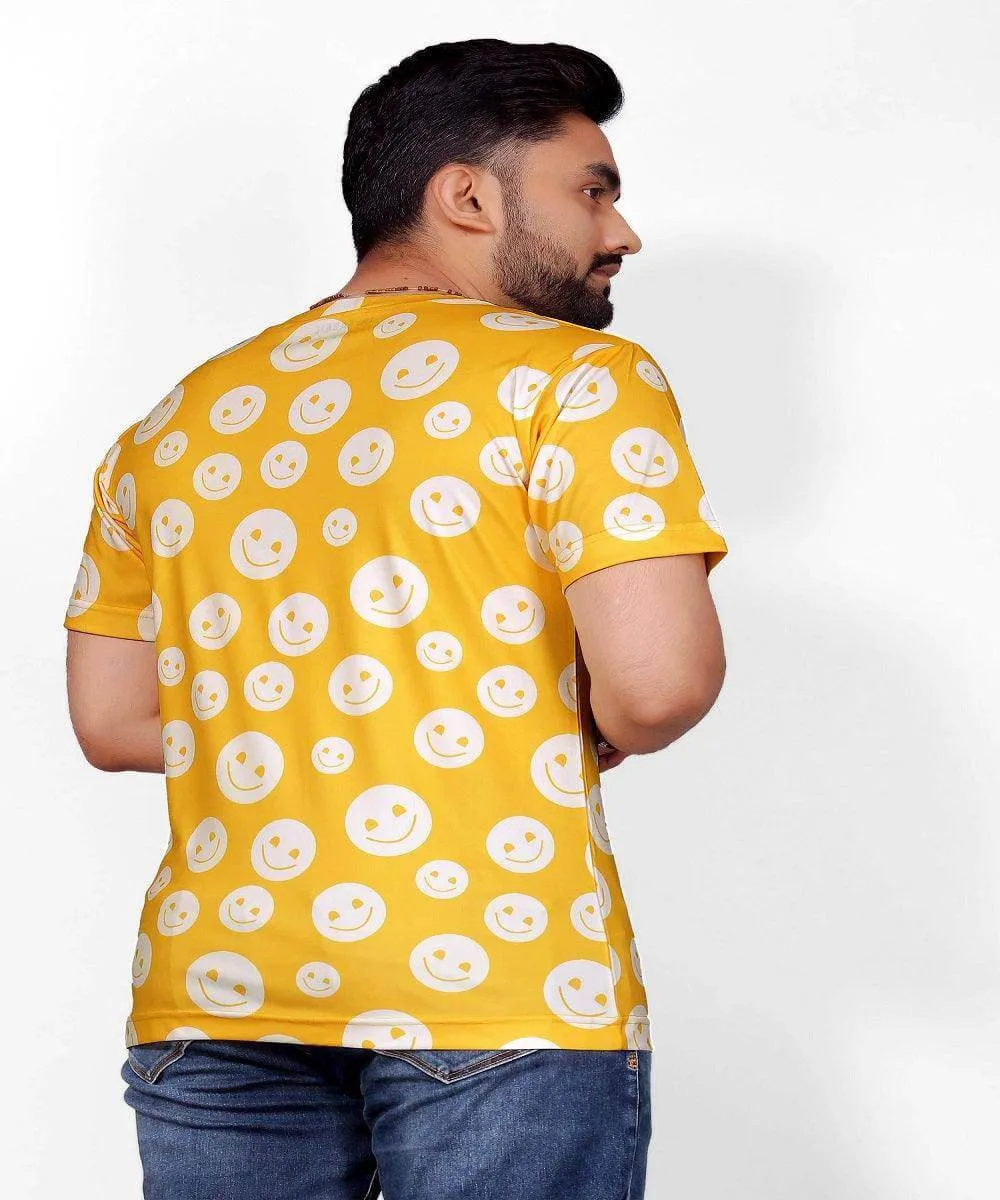 Yellow Emoji Printed Stretch Striped Short Sleeve T Shirt for Men - UD FABRIC