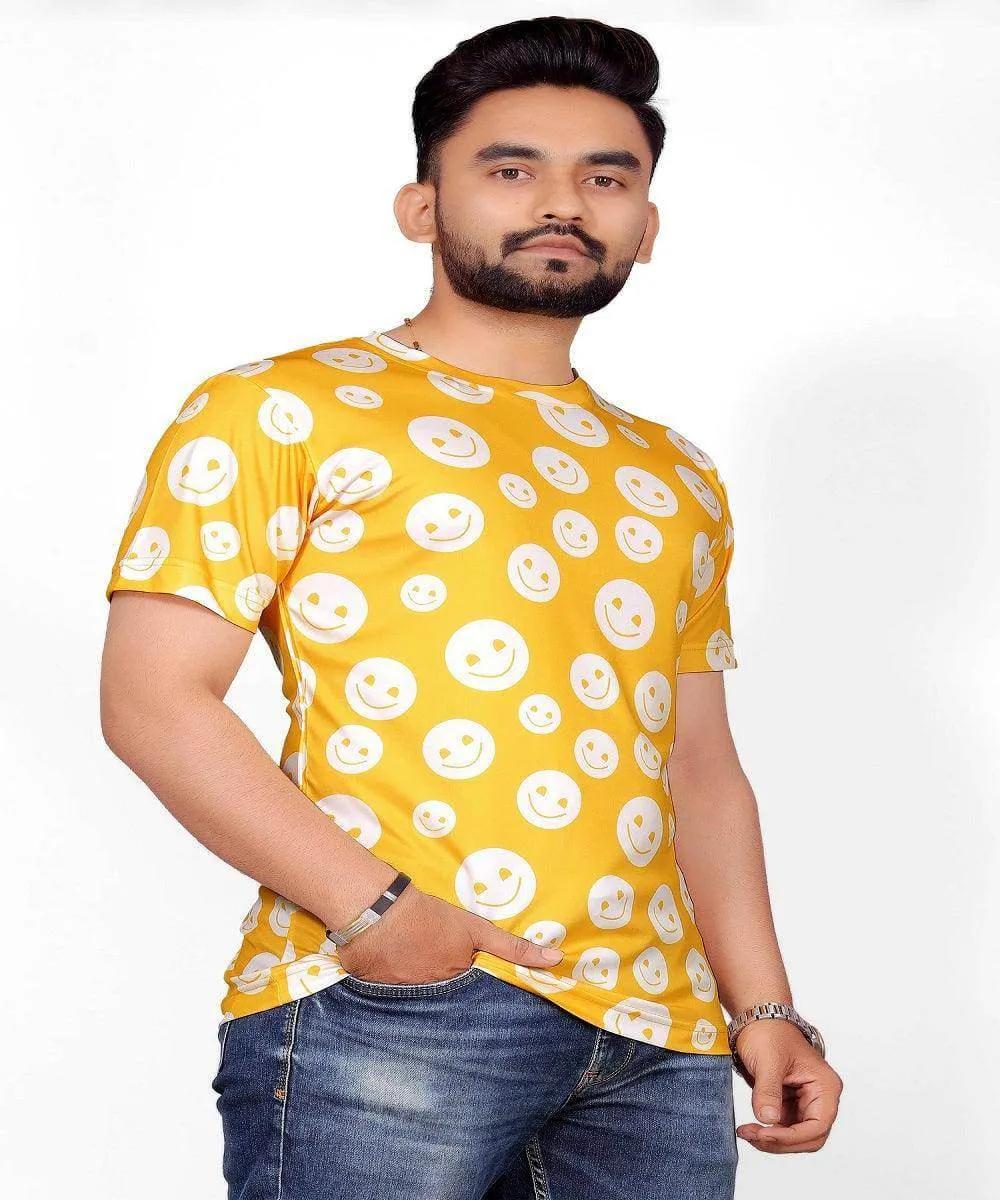 Yellow Emoji Printed Stretch Striped Short Sleeve T Shirt for Men - UD FABRIC